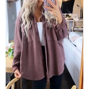 Aerie LumberJane Waffle Knit Button Up Shirt Shacket Oversized Cozy Utility S